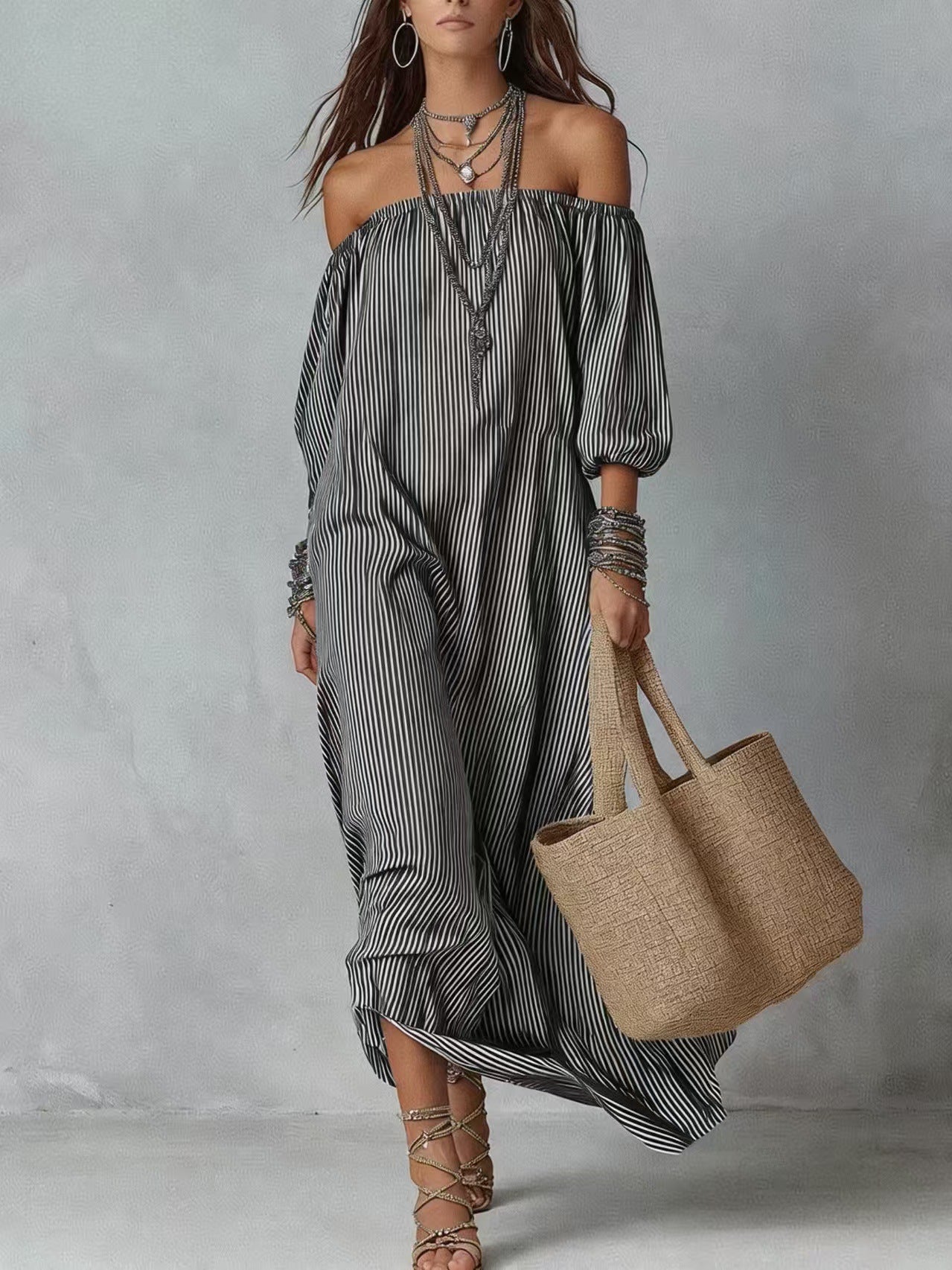 Elegant Striped Off-Shoulder Loose Vacation Fashion Dress for Women