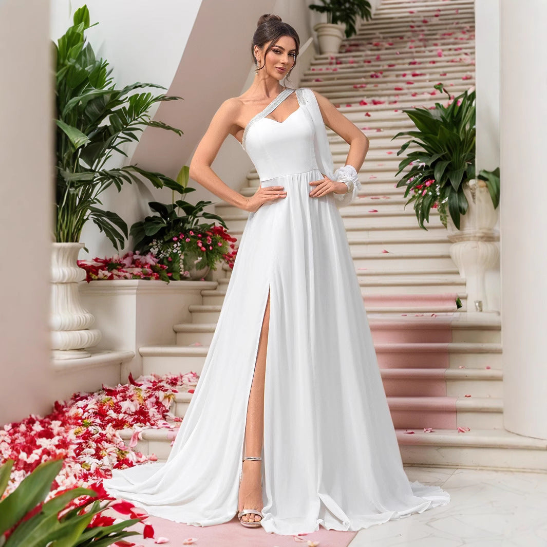 Elegant Chiffon One-Shoulder Sleeve Dress for Evening Wedding Bridal Party Bridesmaid Gown