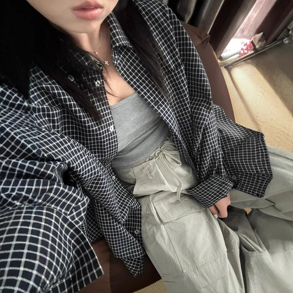 Black Plaid Long Sleeve Shirt Women's Turn-Down Collar Thin Style Loose Casual Blouse Jacket