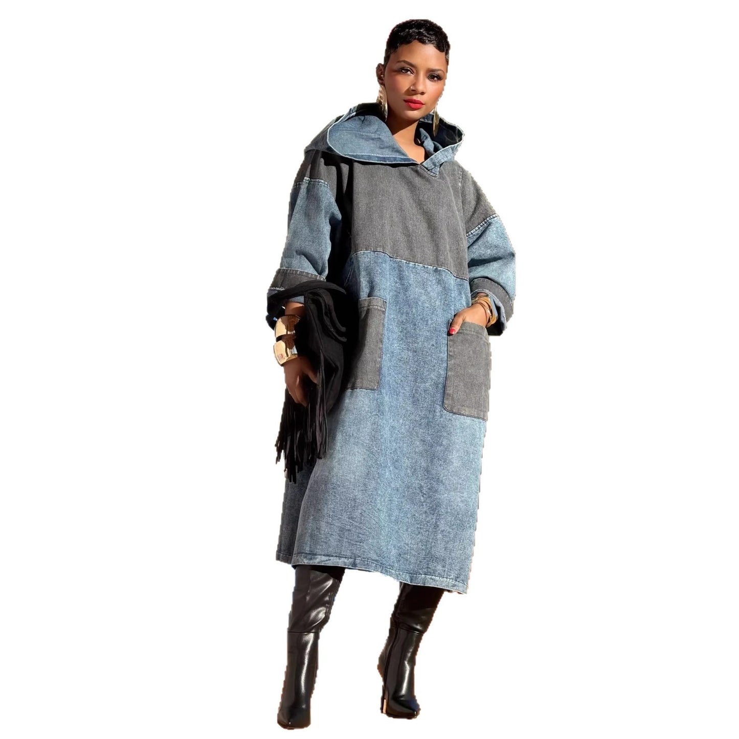 Hooded Mid-length Distressed Bleached Split Denim Dress