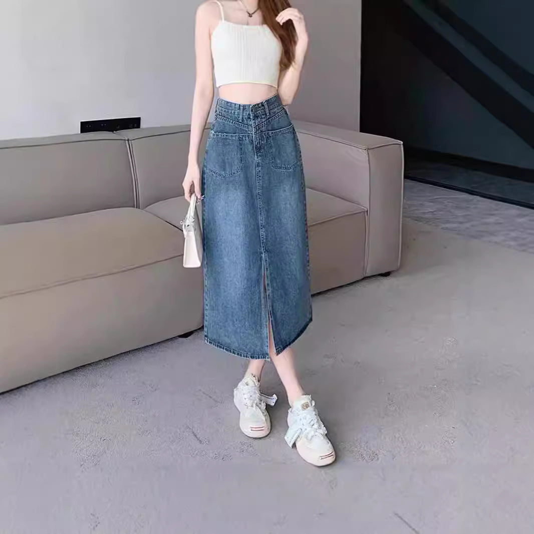 High-Waisted Front Slit Denim Skirt Versatile Denim A-Line Skirt Women's Slimming Midi Skirt