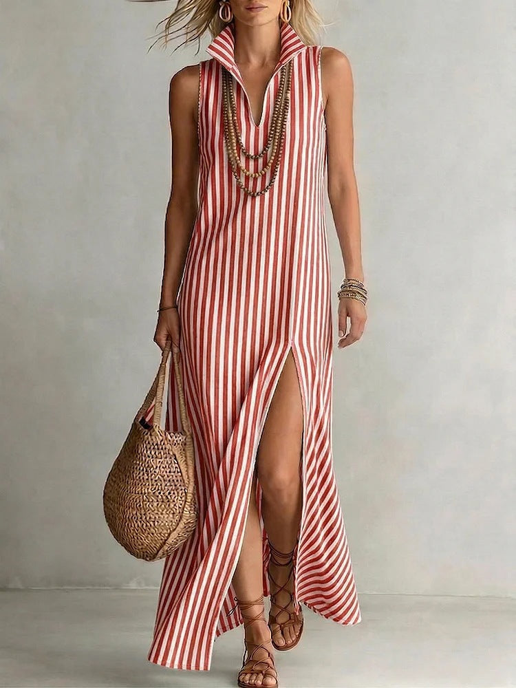 Striped stand up collar sleeveless slit skirt