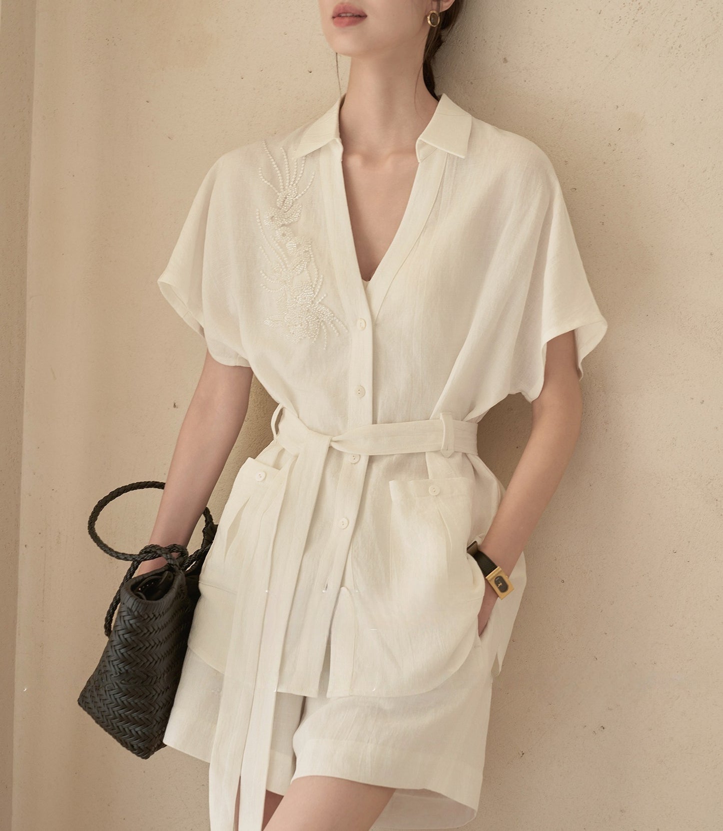 Cotton-Linen Texture Wrinkle-Resistant Non-Iron Beaded V-Neck Belted Short Sleeve Shirt Jacket + Shorts Set Summer