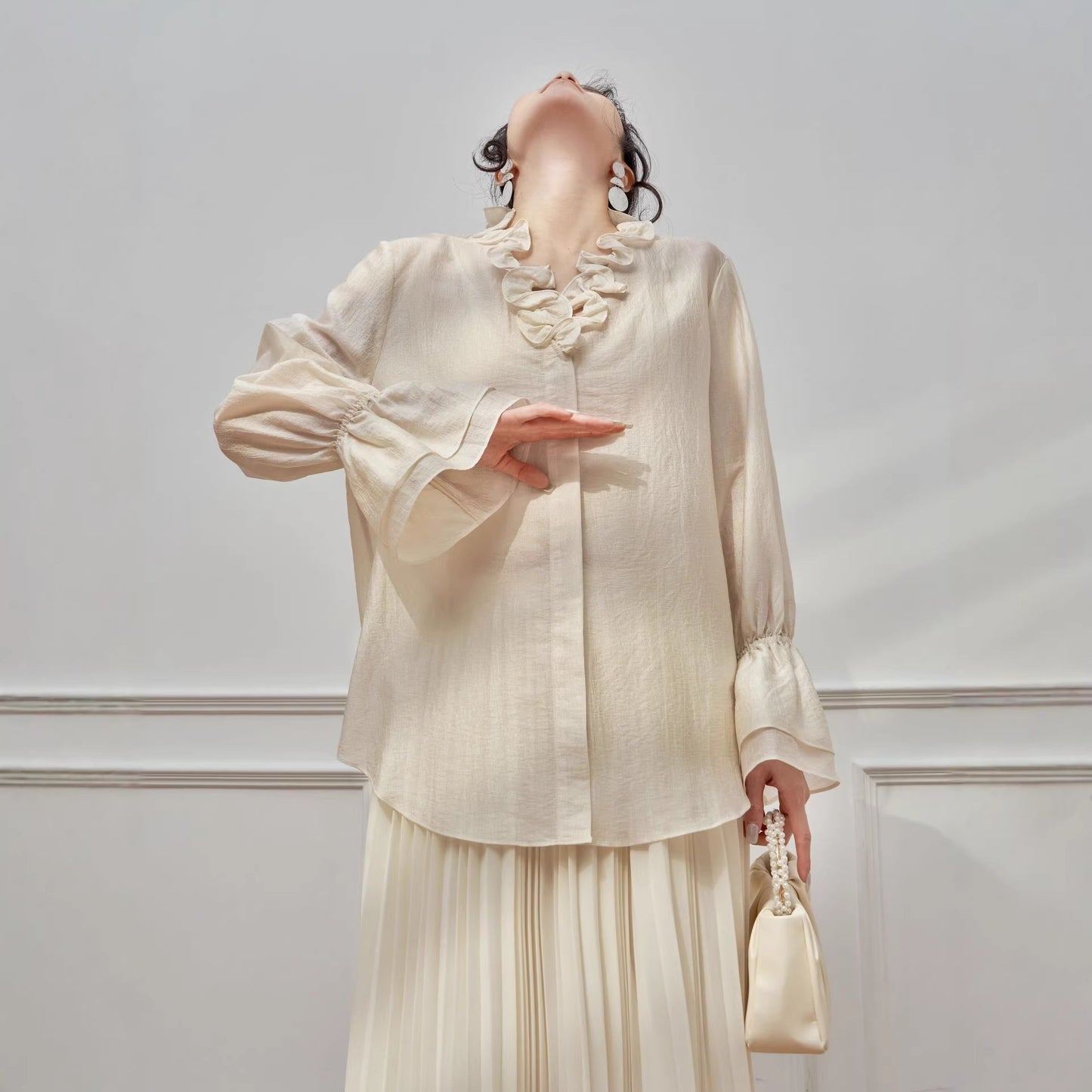 Shimmering Acetate Satin Ruffled Sweetheart Neckline Lightweight Sheer Blouse