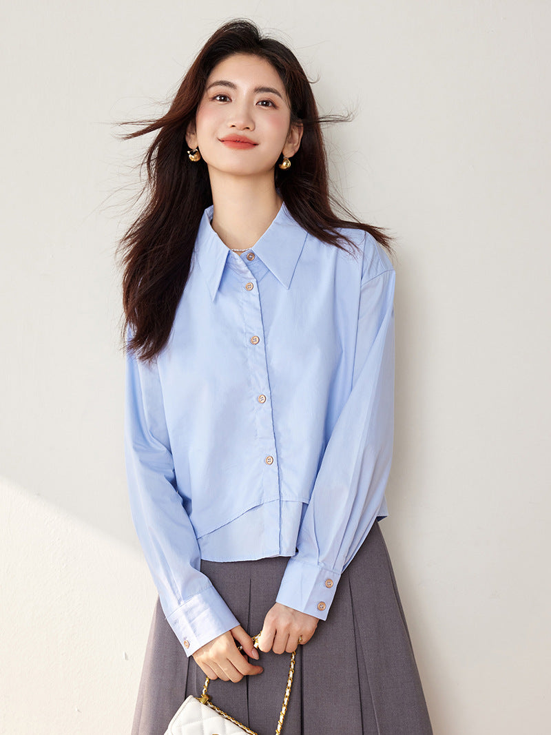 Elegant False Two-Piece Loose Long Sleeve Shirt for Women Fashionable Versatile Turn-Down Collar Solid Color Top