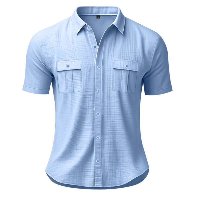 Solid color cardigan short sleeved loose collar men's shirt