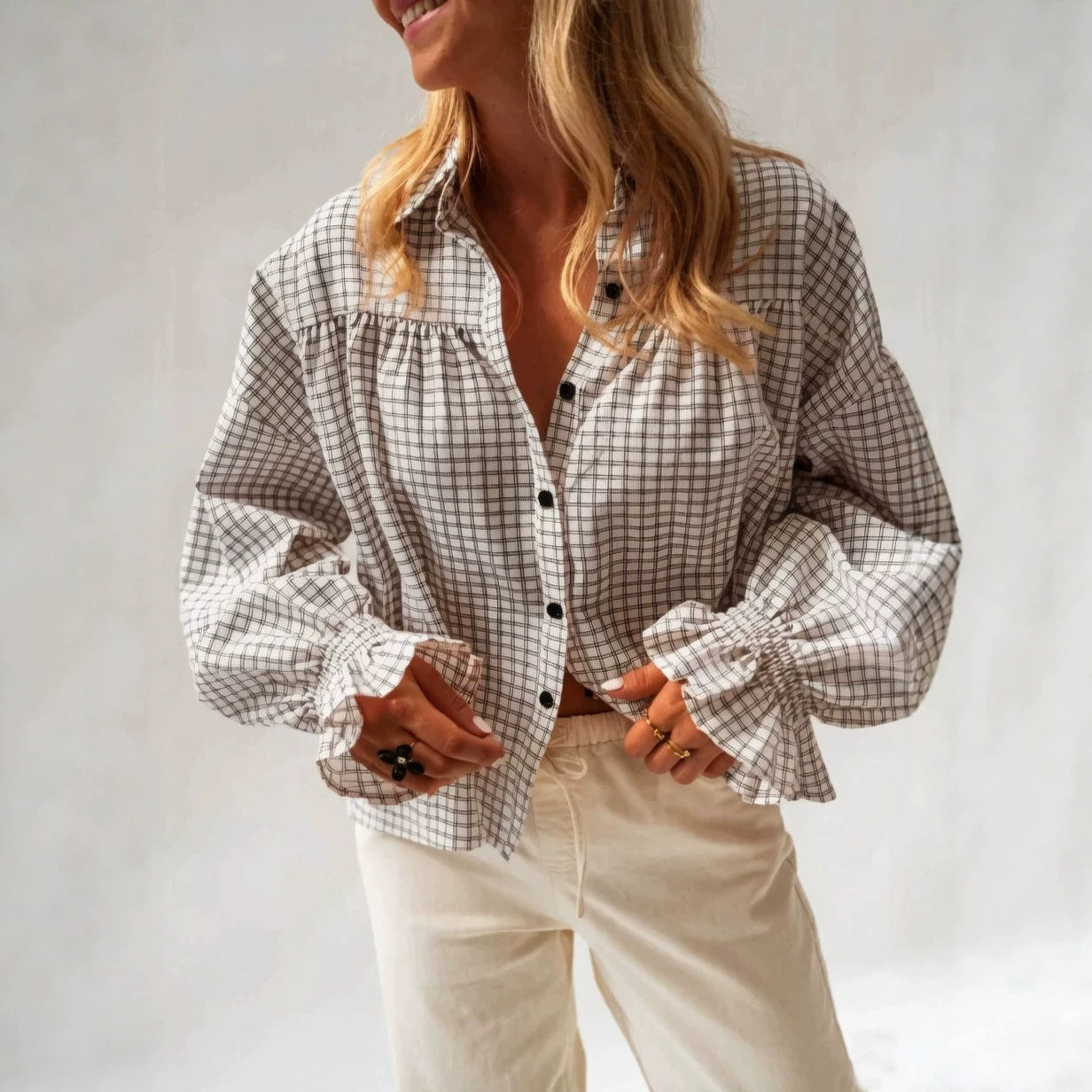 Style new women's flared sleeve plaid long sleeve shirt