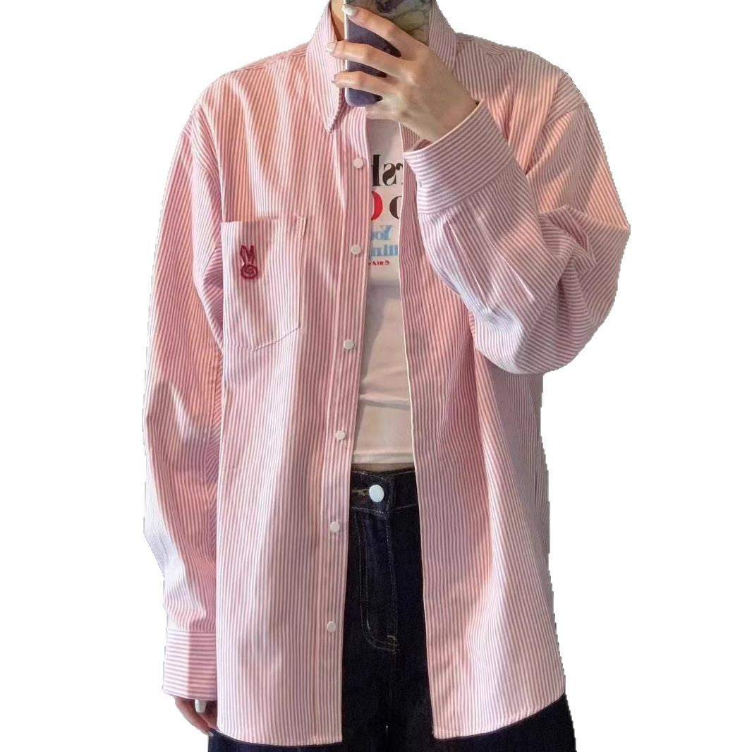 Cute Rabbit Embroidery Pink Stripe Shirt for Women, Spring and Summer New Design, Lazy Style Outerwear Blouse
