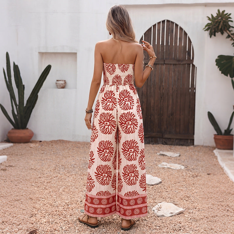Printed strapless wide leg jumpsuit pants