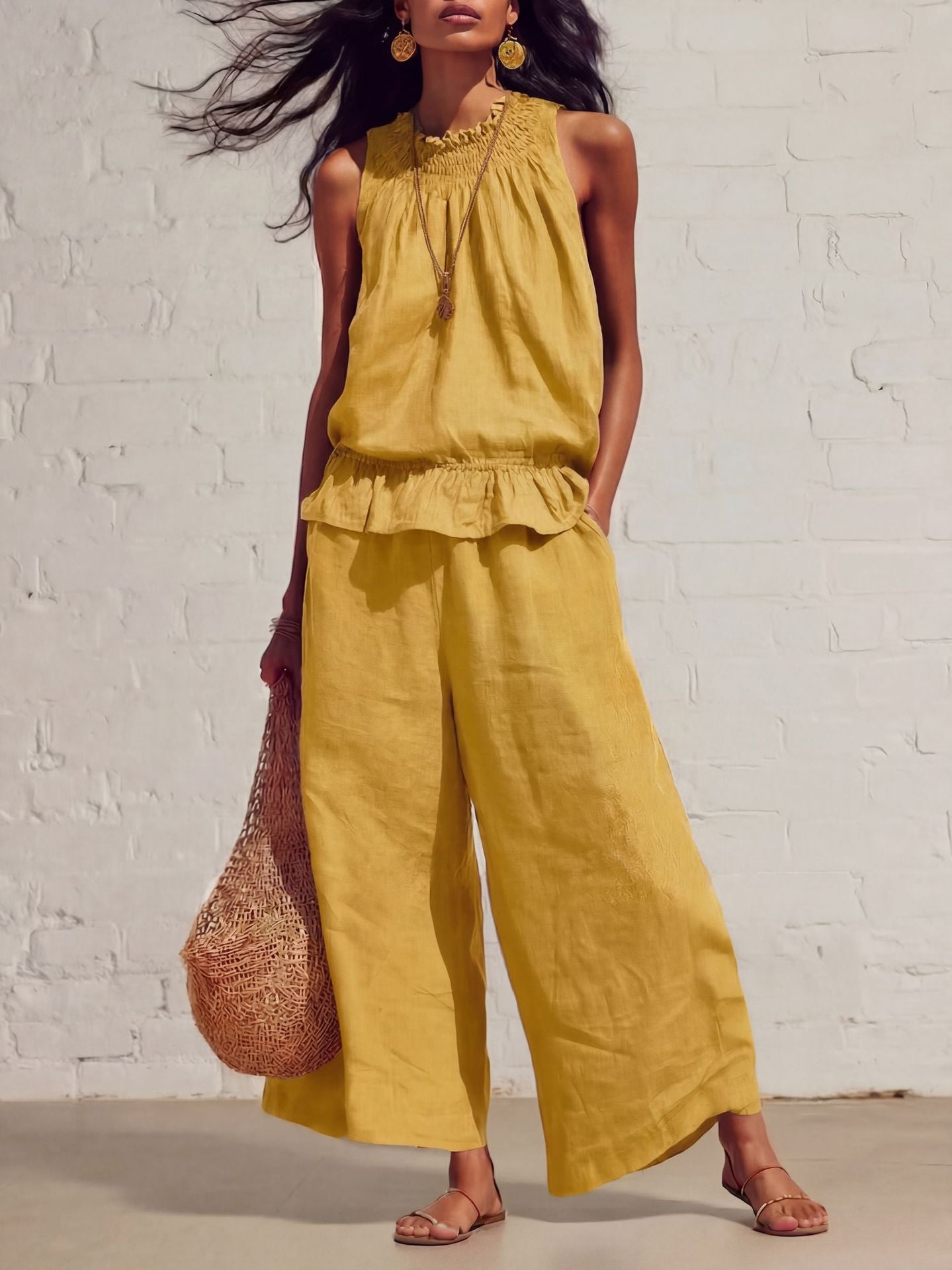 Amazon Cross-Border European and American Women's Clothing Retro Fashion Sleeveless Pleated Ruffle Top Wide-Leg Pants Cotton and Linen Two-Piece Set