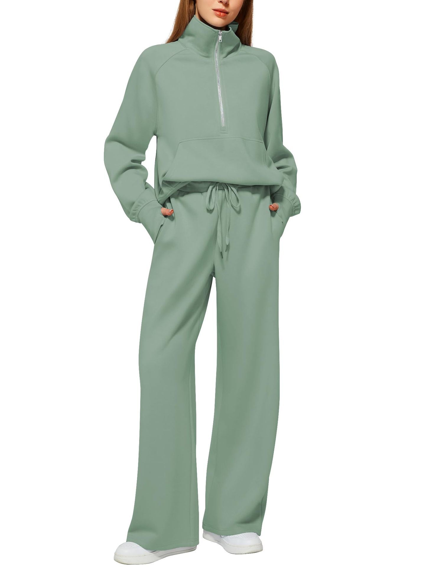 Women's Two-Piece Set with Oversized Half-Zip Hoodie and Wide-Leg Sweatpants Casual Outfit