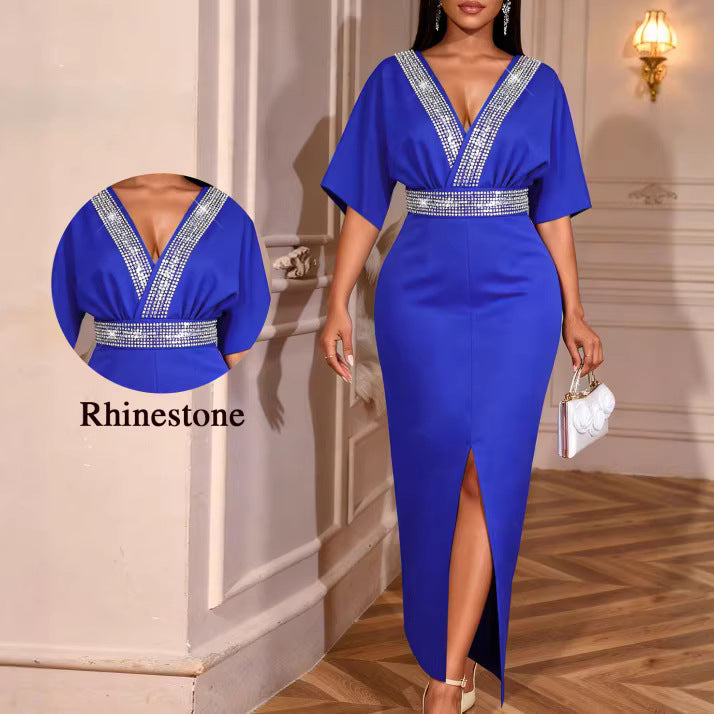 V-neck waist cinched slit dress