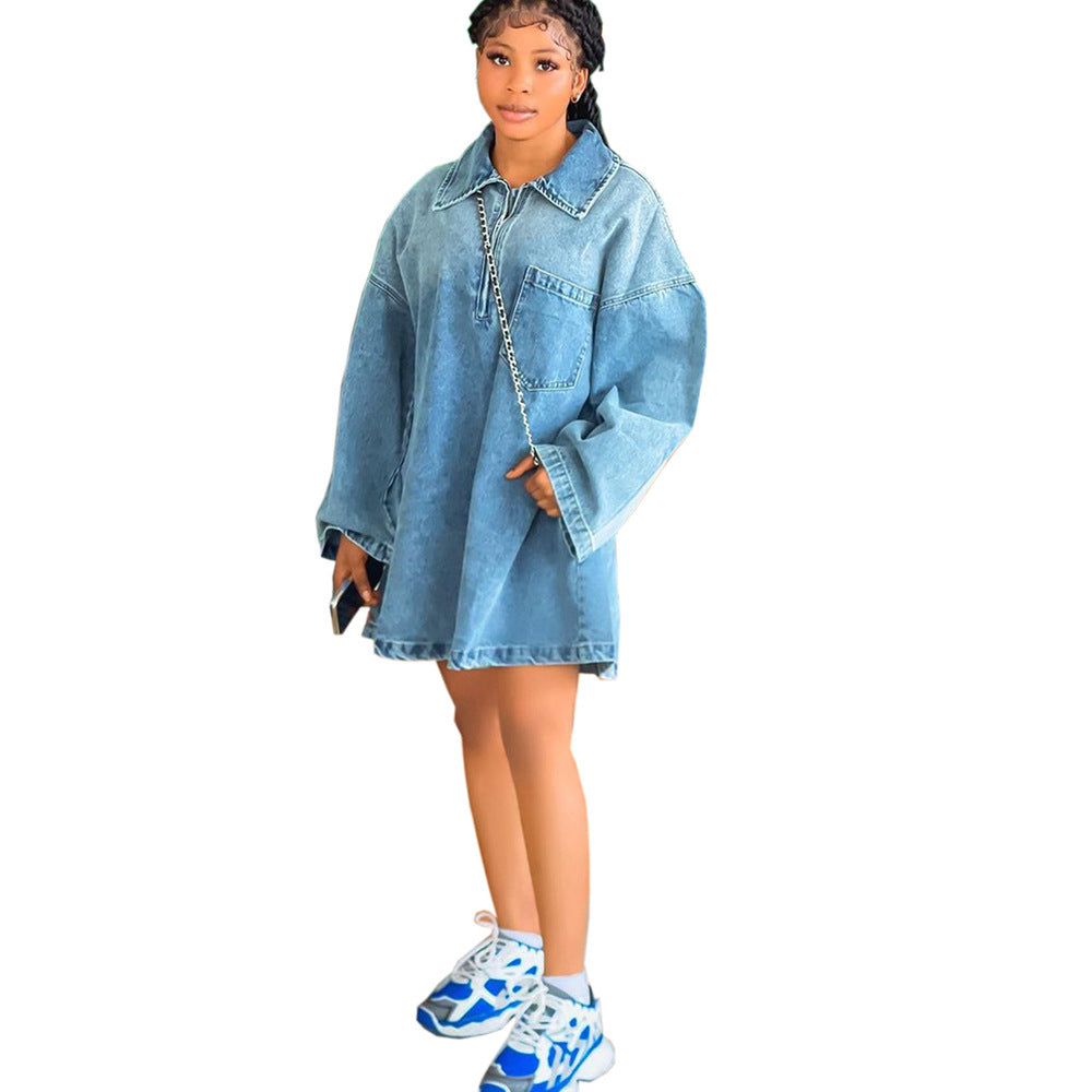 Women's Western Style Dress Summer Casual Loose Denim Dress with Turn-Down Collar Fashionable Long Dress