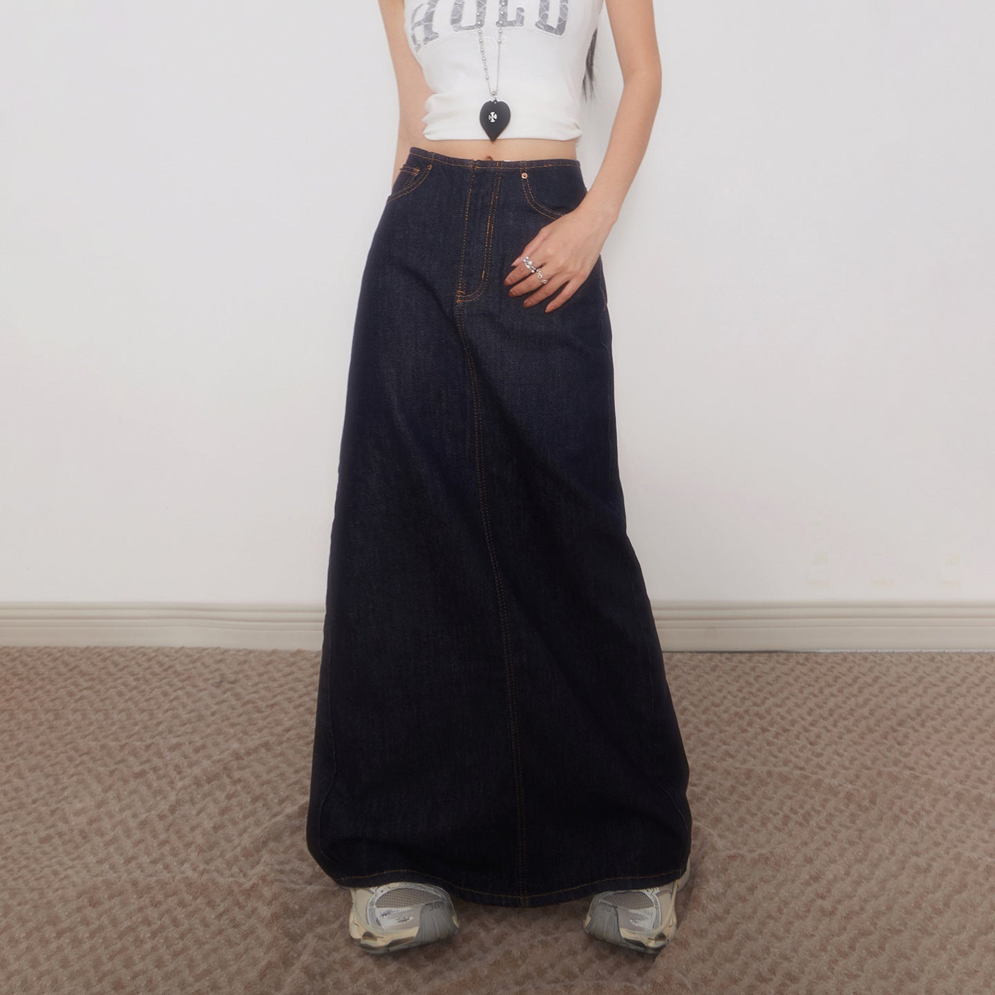 Tall Women's Dark Blue Denim Midi Skirt Long Length Retro High Waist Straight Tube Skirt