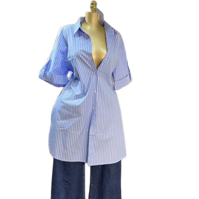 Collar single breasted striped short sleeved mid length shirt top