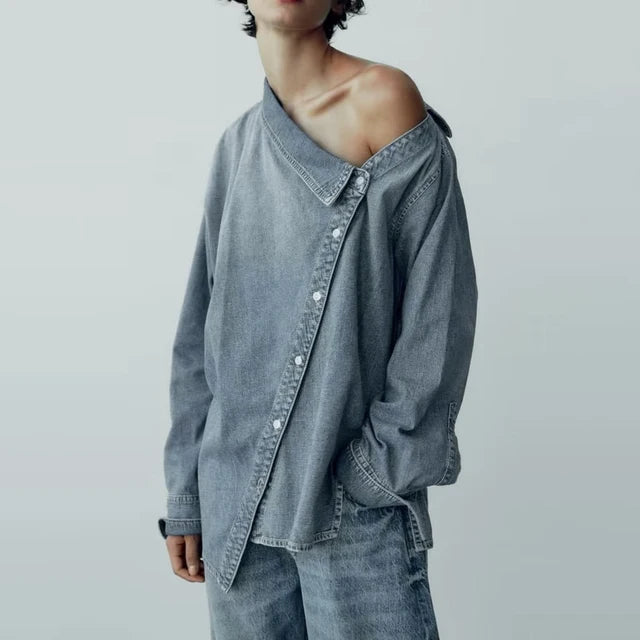 Solid Casual Denim Blouses For Women Diagonal Collar Long Sleeve Patchwork Single Breasted Irregular Shirts Female Fashion