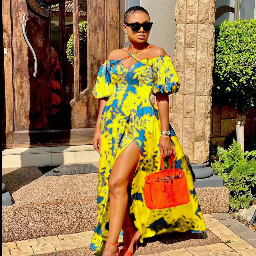 Printed V-Neck Backless Split Maxi Dress for Women