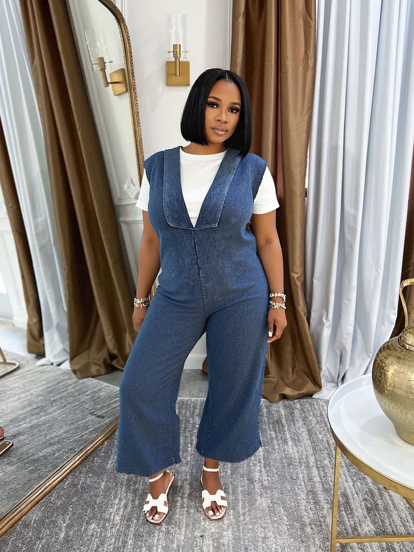 Casual V-Neck Side Pocket Washed Denim Jumpsuit