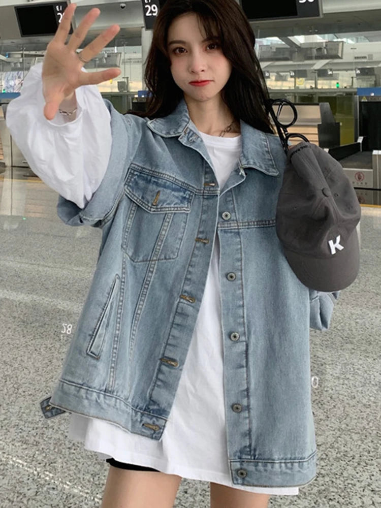 Half Sleeve Denim Jacket For Women Single Breasted Loose Fashion Pocket Patchwork Jackets Coat