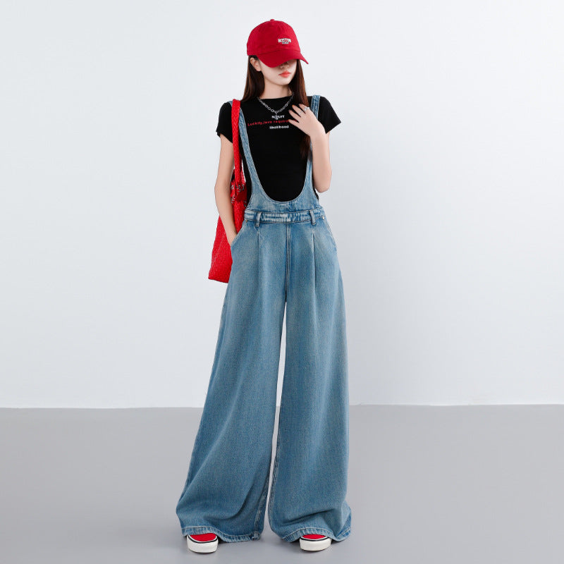 Blue Wide-Leg Denim Overalls Women Loose Fit Relaxed Casual  Style Strap Jumpsuit