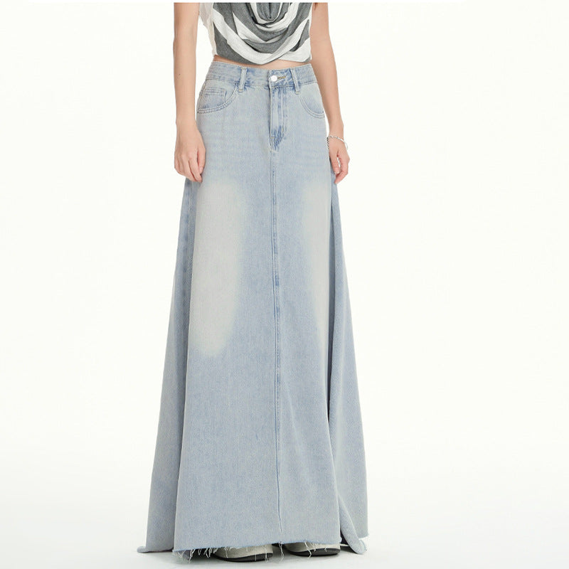 Style High-Waisted Flowy Denim Skirt Women's Spring Summer  Frayed Hem Flared Denim Skirt
