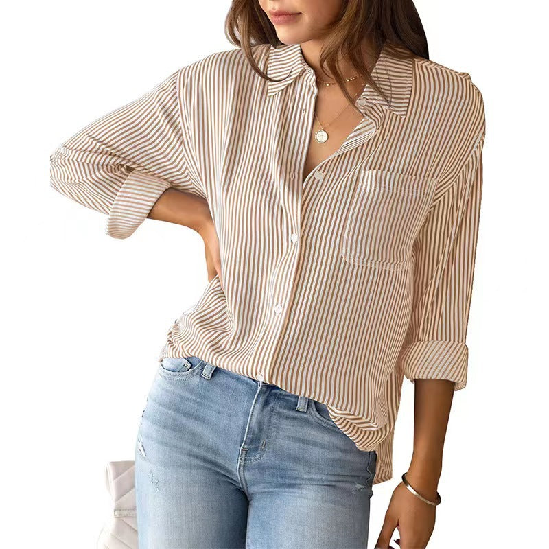 Women's Striped Cardigan Top Loose and Casual Long-sleeved Shirt