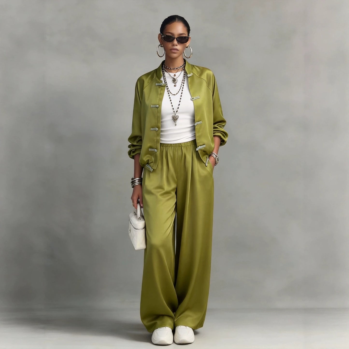 Satin set with hanging wide leg pants and drawstring two-piece set