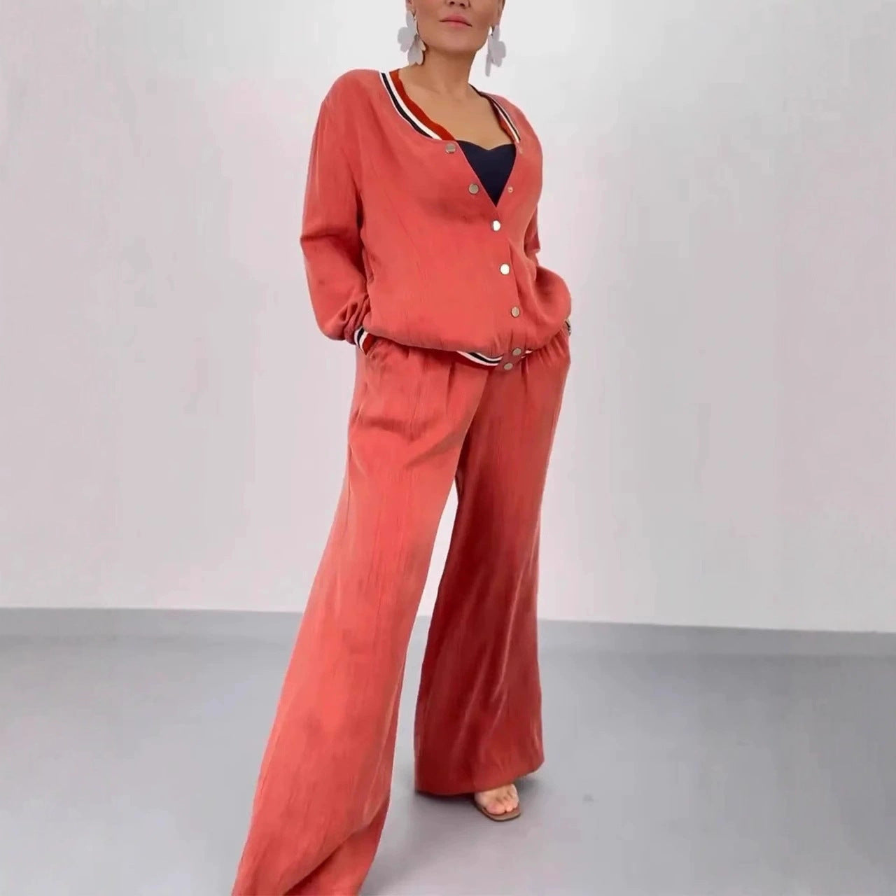 Style Patchwork Round Neck Cardigan Casual Top Wide Leg Pants Set for Women