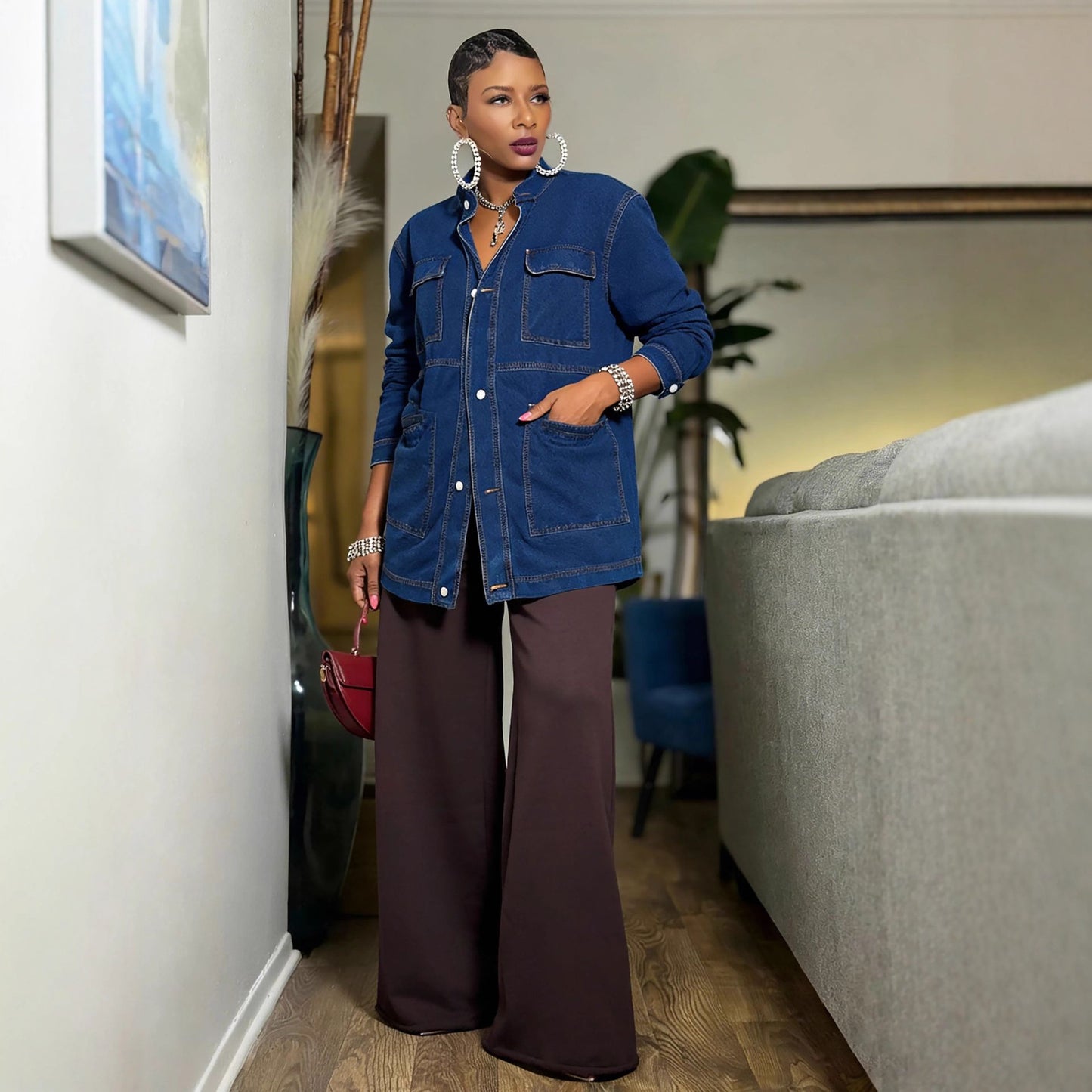 Oversize Mid-Length Cargo Denim Jacket