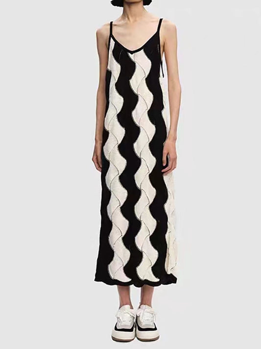 y2k summer black and white collision vertical wave pattern cotton sling long dresses