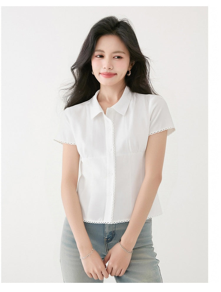 White Lace Short Sleeve Shirt for WomenPolo Collar, Fitted Blouse
