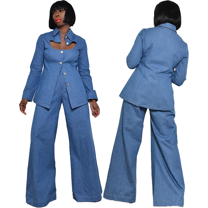 New European And American Style Women's Shirts Open Chested Faux Denim Top And Pants Two Piece Suit