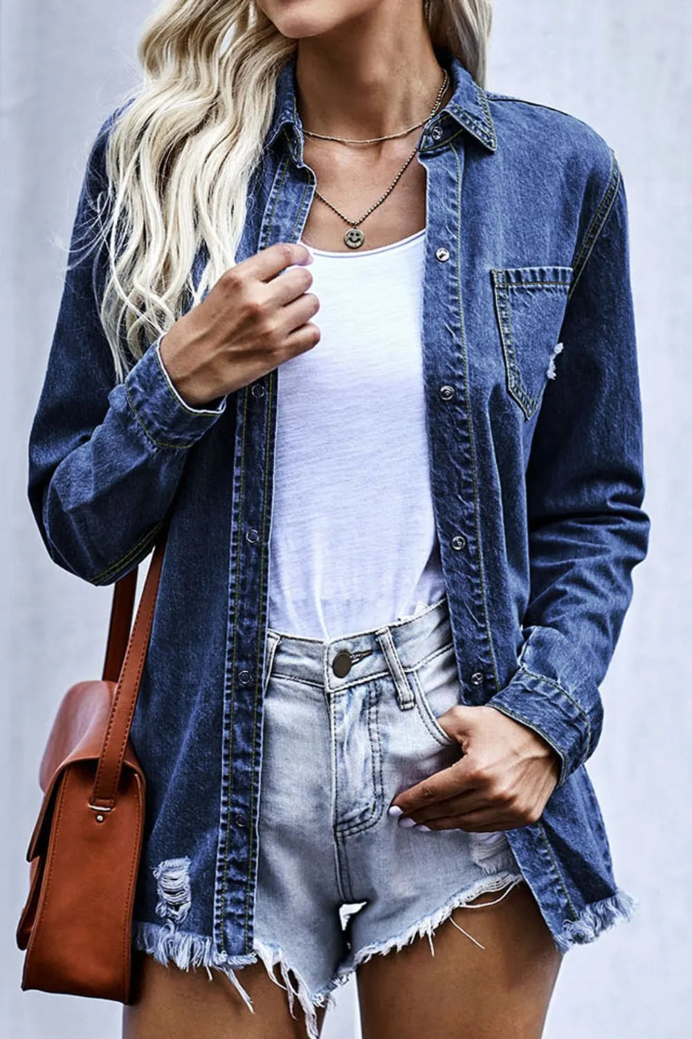 Raw Hem Collared Neck Long Sleeve Denim Jacket