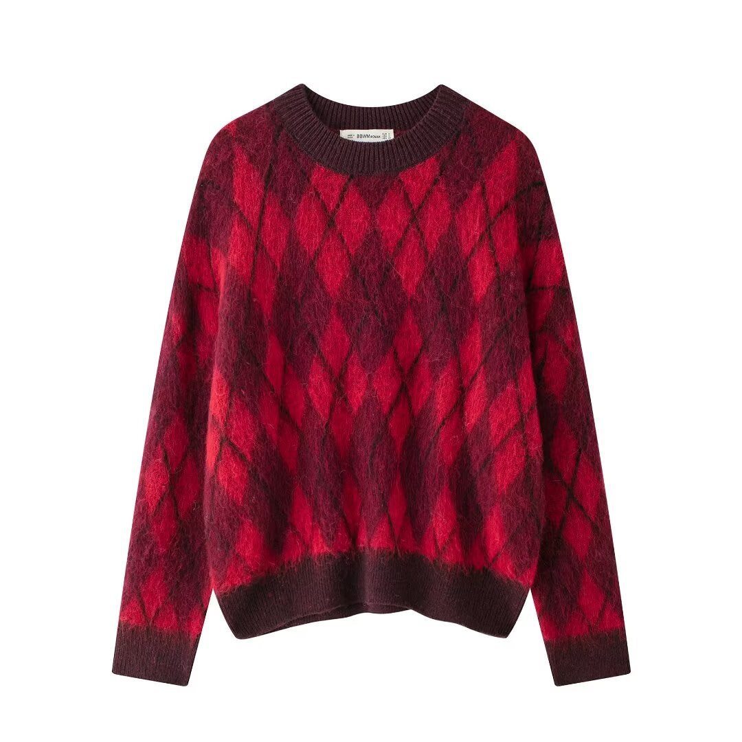 European and American style women's clothing new French fashion simple and versatile diamond pattern knitted sweater