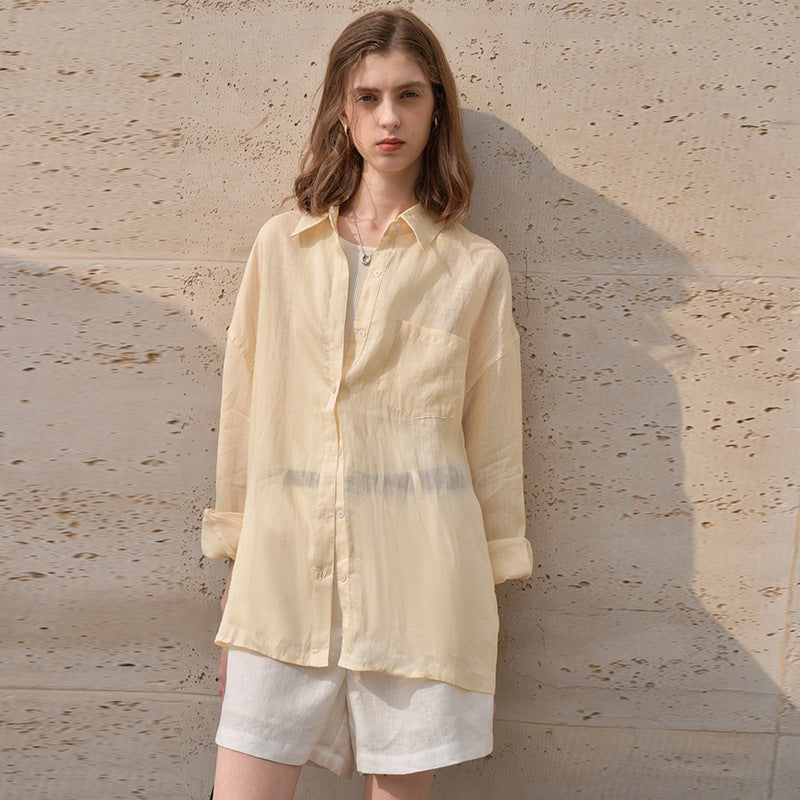 Pure Ramie Blouse High-end Women's French Sunscreen Loose Cardigan Turn-down Collar Long-sleeved Thin Shirt