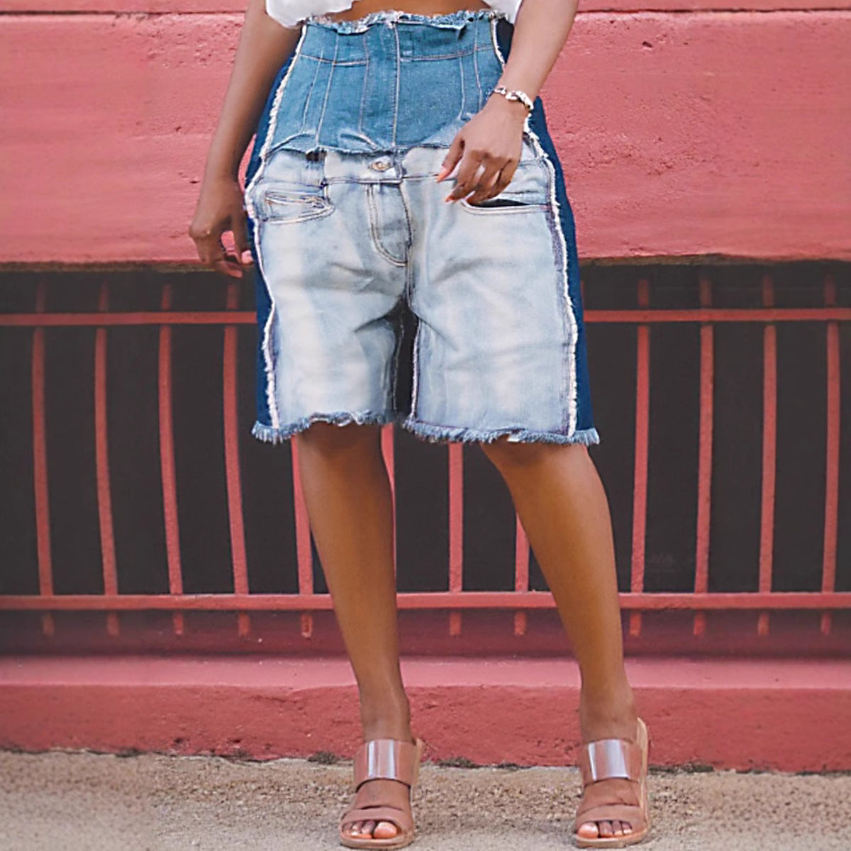 Fashion High-Waist Patchwork Distressed Five-Panel Denim Pants