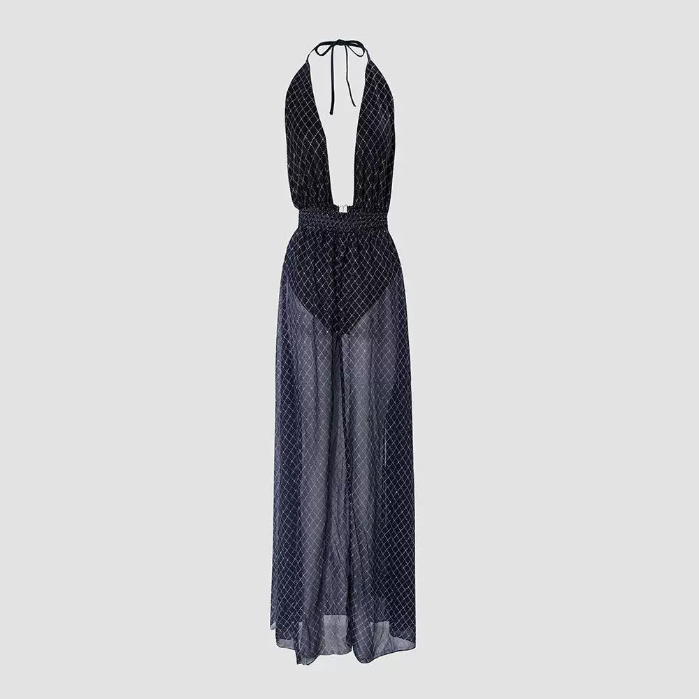 Fashion Print High Slit Strapless Semi-Transparent Evening Dress Gown