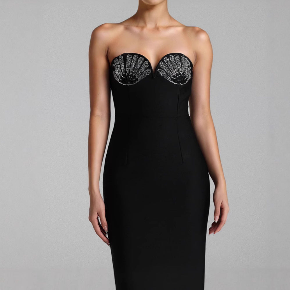 Bandage dress sexy diamond-encrusted strapless evening gown high-end light-luxury and niche evening dress