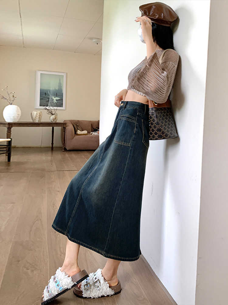Vintage Front Patch Pocket Denim Midi Skirt for Women High WaistStraight Fit, Mid-Length