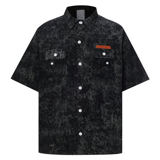 Men's Summer Short-Sleeved Collar Casual Shirt Slim Black Leisure
