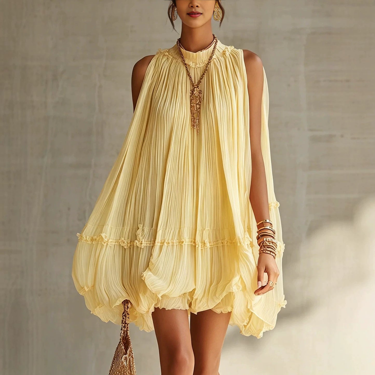 Sleeveless Pleated Mini Dress for Women, Loose A-Line Skirt with Ruffled Hem, Gathered Pleats, Casual Vacation Style, Flared Silhouette, Sweet Baby Doll Dress