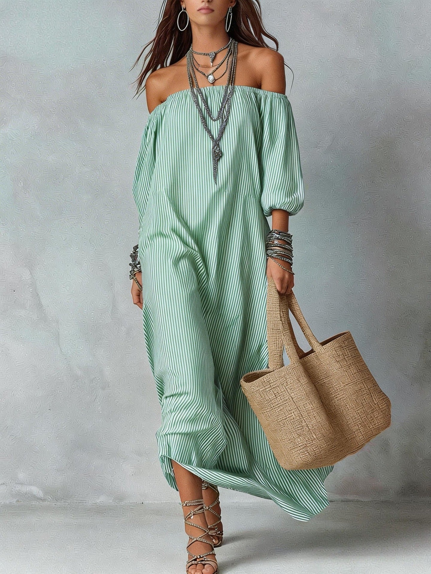 Elegant Striped Off-Shoulder Loose Vacation Fashion Dress for Women