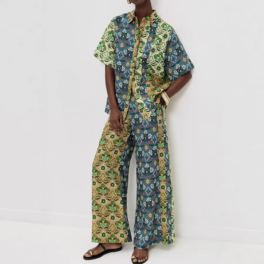 Fashionable Print Short Sleeve Set for Women, Loose Beach Style Pants with Pocket Casual Summer Outfit