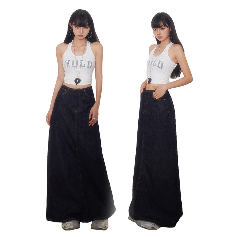 Tall Women's Dark Blue Denim Midi Skirt Long Length Retro High Waist Straight Tube Skirt