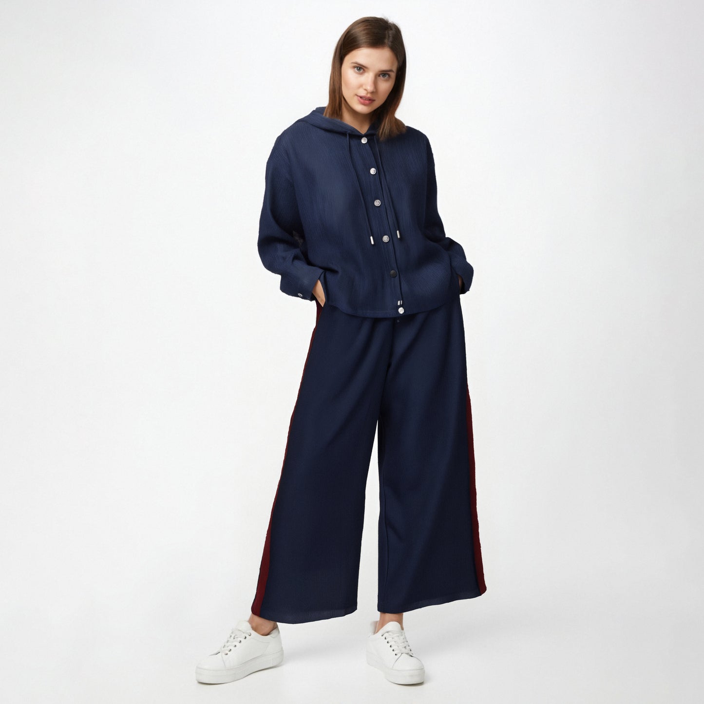 Casual Chic Women Denim Suit Solid Button Hooded Blouse Drawstring Straight Pants New Fashion Suits
