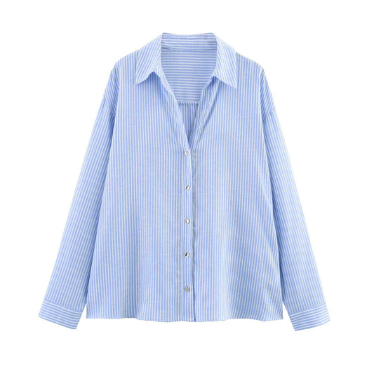 Women's collar long sleeved striped shirt top