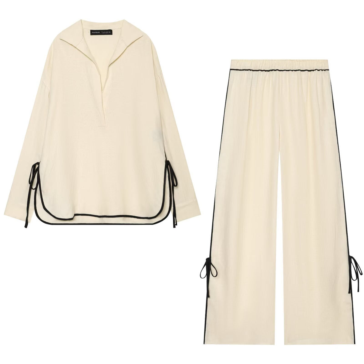 Linen trimmed long sleeved shirt+pants set for women
