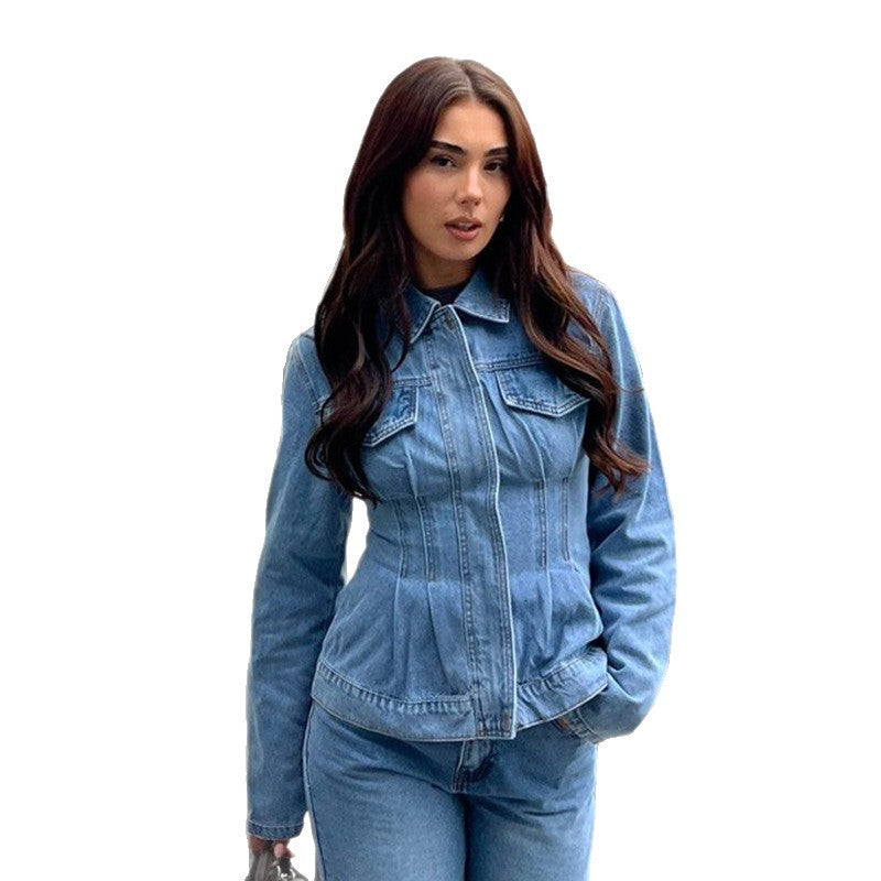 Pocket denim zipper solid color jacket