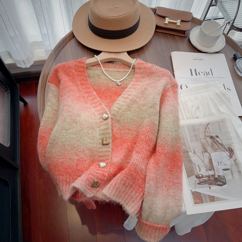 Tie dye gradient sweater jacket for women V-neck mohair knit cardigan for women