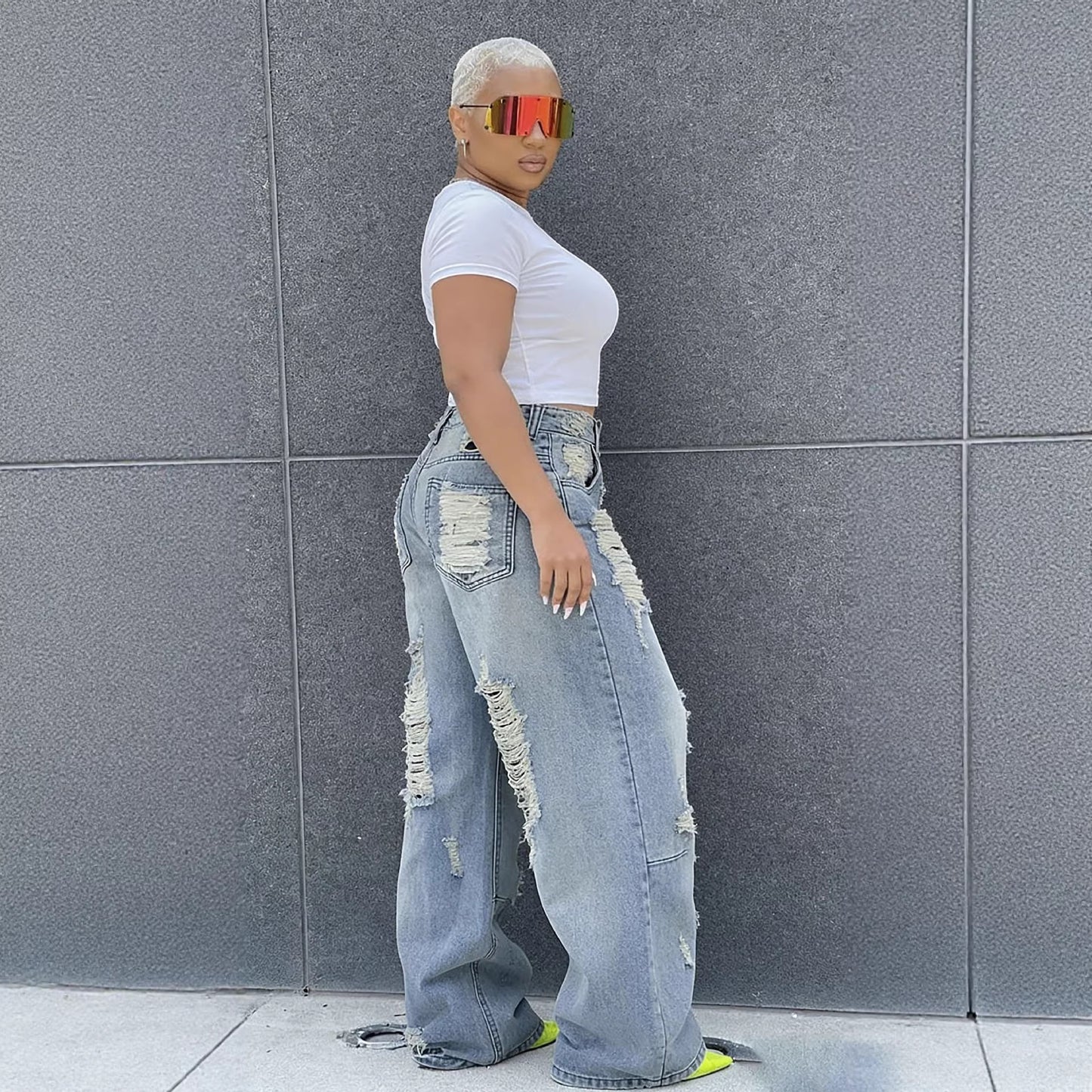 Street Rip ampTear Washed Straight Leg Jeans